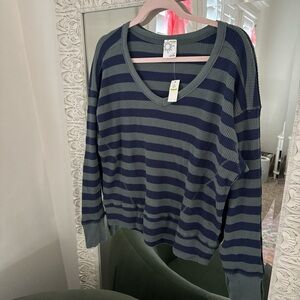 Aerie Blue and Gray Striped V-Neck Sweater